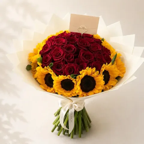Ramo de Rosas blancas o rojas y girasoles