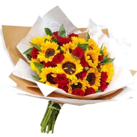 Ramo de Rosas blancas o rojas y girasoles
